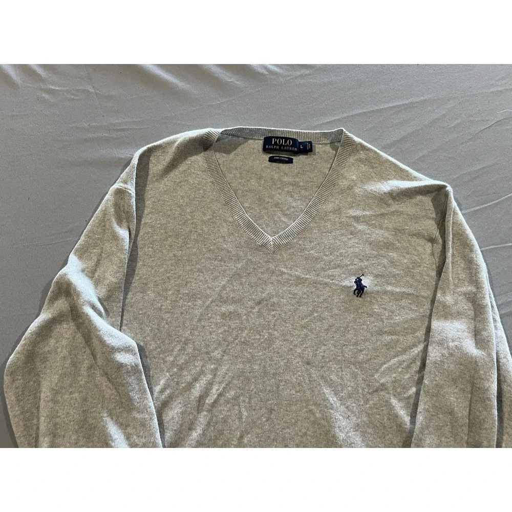 Polo Ralph Lauren Sweater‎ Mens Size Large Gray Pima Cotton Pullover V Neck Golf